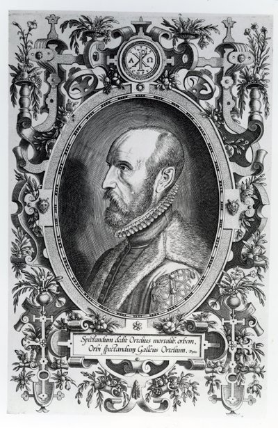 Abraham Ortelius, frontispice van zijn Theatrum Orbis Terrarum, 1579 door Flemish School
