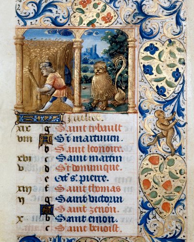 Kalender, de maand juli, een boer in een tarweveld en het teken van de leeuw. Pagina uit een getijdenboek ms. 47, verlucht door de Vlaamse school. 16e eeuw Badia de 