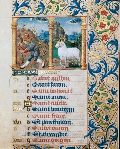 Kalender, de maand maart, een zaaiende boer en de ram. Pagina uit een getijdenboek ms. 47, verlucht door de Vlaamse school. 16e eeuw door Flemish School