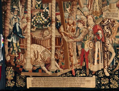 Kathedraal. Het tapijtmuseum. Vlaamse wandtapijt. De legende van het Heilig Kruis (detail). Ca. 1450. door Flemish School
