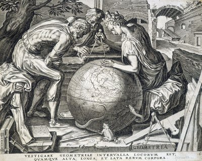 Personages leunend boven de wereldbol met passer (allegorie van geometrie) - gravure, Vlaanderen door Flemish School