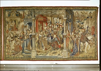 Davids zonen Amnon en Absalom verklaren elkaar de oorlog, Wandtapijt van David en Bathseba, ca. 1510-15 door Flemish School