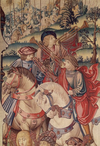 Detail van Trompetters te paard, van het Tapijt van David en Bathseba, 1510-15 door Flemish School