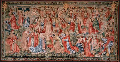 Vlaams wandtapijt. Serie Menselijke Verlossing of Ondeugden en Deugden. Christus stijgt op naar de Hemel en de Mens wordt verlost voor God. Negende wandtapijt in de serie. door Flemish School