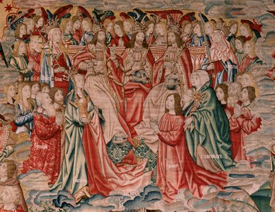 Menselijke verlossing of ondeugden en deugden. Christus stijgt op naar de hemel en de mens wordt verlost voor God. Negende wandtapijt in de serie. door Flemish School