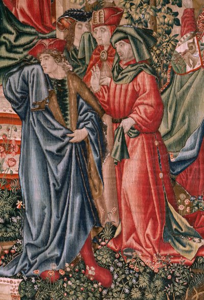Vlaams wandtapijt. Serie Menselijke Verlossing of Ondeugden en Deugden. Deugden dagen de Ondeugden uit wanneer Christus zijn bediening begint. Zesde wandtapijt in de serie. door Flemish School