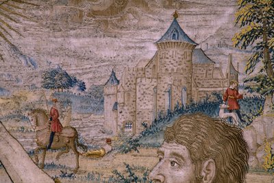 Vlaamse wandtapijt. Serie De geschiedenis van Johannes de Doper: De doop van Christus. Atelier van Brussel. 1515-1520. door Flemish School