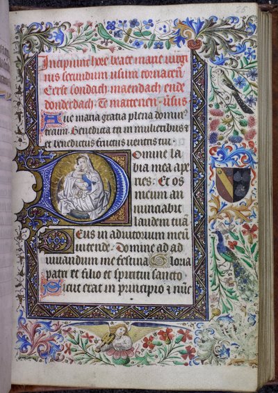 Geïllustreerde initiaal met de Maagd en Kind Getijdenboek, Gebruik van Doornik, op een halve maan gecombineerd met een driedelige rand en een volledige rand met acanthusbladeren, bloemen, vogels, een muzikale engel en een wapenschild door Flemish School