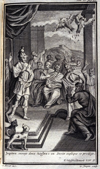 Jupiter stuurt twee adelaars: een ziener verklaart dit wonder. Illustratie voor boek II van de Odyssee van Homeros, gepubliceerd in Amsterdam in 1731, privécollectie Milaan door Flemish School