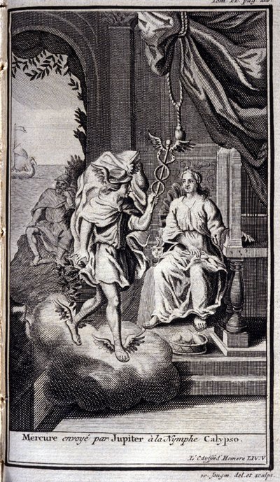 Mercurius gestuurd door Jupiter naar de nimf Calypso. Illustratie voor boek V van de Odyssee van Homeros, gepubliceerd in Amsterdam in 1731, privécollectie Milaan door Flemish School