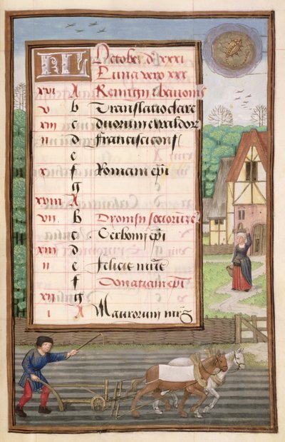 Ploegen met twee paarden, kalenderpagina voor oktober, uit een Getijdenboek, ca. 1500 door Flemish School