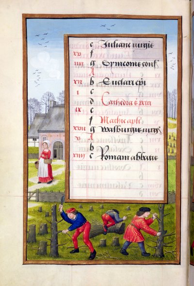 Bomen kappen en takken binden, uit een Getijdenboek, ca. 1500 door Flemish School