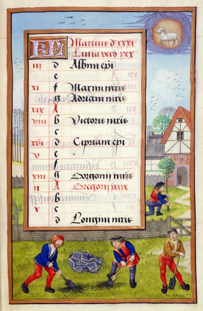 Graven en bomen planten, kalenderpagina voor maart, uit een Getijdenboek, ca. 1500 door Flemish School