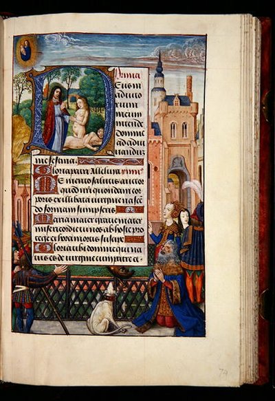 Ms 1058-1975, f.74r: Koning David bidt tot de Maagd en het Kind en een gehistorieerde initiaal D die de schepping van Eva uitbeeldt, uit een Getijdenboek, Brugge, c.1510 door Flemish School