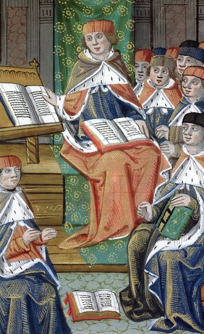Lezing in zaal, uit De Medina Fen I. II, door Avicenna (980-1037) door Flemish School