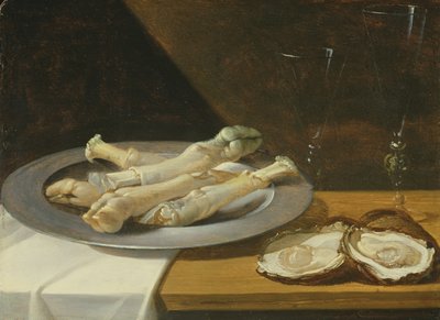 Varkenspootjes op een tinnen bord met oesters en wijnglazen op een gedekte tafel, c.1630 door Flemish School
