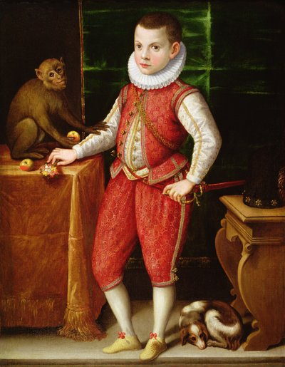 Portret van een jonge edelman met een aap en een hond, ca. 1615 door Flemish School