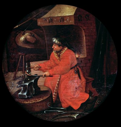Voorstelling van een smid in zijn smederij die een metalen staaf op een aambeeld slaat door Flemish School