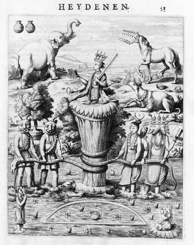 Samudramathana, met de deelname van Deva (Surya, Shiva, Vishnu, Brahma) met demonen en rijdieren. Volgens Baldaeus Philippus Afgoderye der oost-indische Heydenen. Amsterdam 1672 door Flemish School