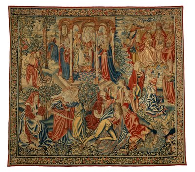 Wandtapijt, Een Morele Allegorie van de Mens of Gerechtigheid die de Mens Aanvalt, gemaakt in Vlaanderen, België, circa 1500 door Flemish School