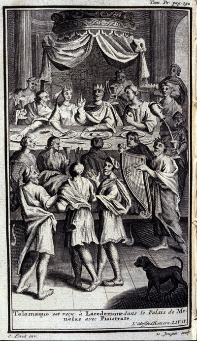 Telemachus wordt ontvangen in Lacedemonië in het paleis van Menelaos met Pisistratus. Illustratie voor boek IV van de Odyssee van Homeros, gepubliceerd in Amsterdam in 1731, Milaan door Flemish School