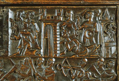 De Kortrijkse Kist met Vlaamse voetsoldaten die Franse cavalerie verslaan (detail) door Flemish School