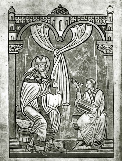 De extase van St. Gregorius (c.540-604) gezien door de diaken Peter door een gordijn doorboord door zijn stilet door Flemish School