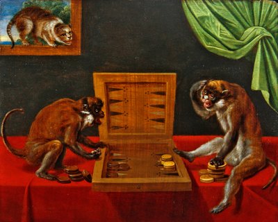 Twee apen spelen tric trac op een tafel door Flemish School