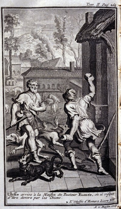 Ulysses arriveert bij het huis van herder Eumee, of hij kan door honden worden aangevallen. Illustratie voor boek XIV van de Odyssee van Homerus, in de Odyssee, gepubliceerd in Amsterdam in 1731, Privécollectie Milaan. door Flemish School