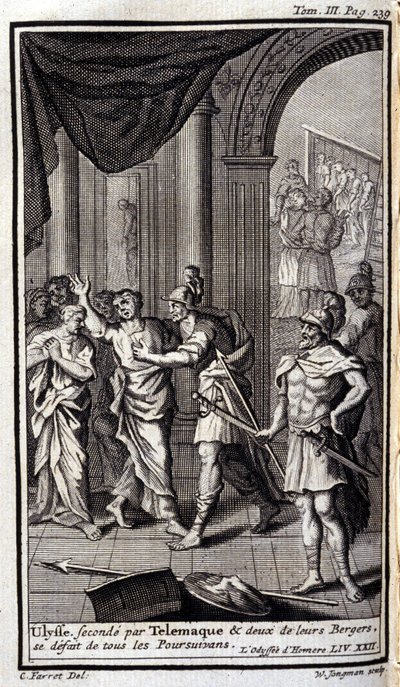 Ulysses geholpen door Telemachus en twee van hun herders verjagen alle achtervolgers. Illustratie voor boek XXII van de Odyssee van Homerus, in de Odyssee, gepubliceerd in Amsterdam in 1731, Privécollectie Milaan. door Flemish School