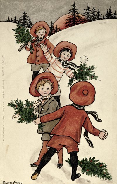 Kinderen met hulst die sneeuwballen gooien door Florence Hardy