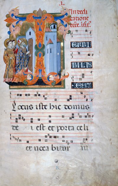 Verlichte initiaal met een bisschop die een kerk zegent (Corale 2, c. 1), voor koorboek 2 van Santa Maria degli Angeli door Florentine School