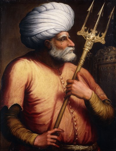 Portret van Khair el-Din Barbarossa, halflang, met een drietand door Florentine School