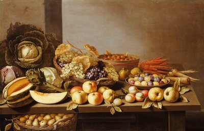 Schalen met Fruit en Noten op een houten tafel met een Mand met Peren eronder door Floris Gerritsz van Schooten