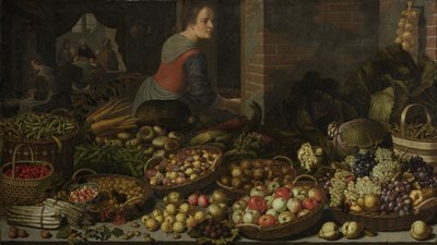 Stilleven met fruit en groenten, met Christus in Emmaüs op de achtergrond, c. 1630 door Floris Gerritsz van Schooten