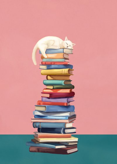 Gezellige kat op kleurrijke boeken door Flow Line