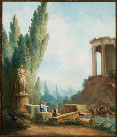 Landschap met de ruïnes van de Tempel van de Sibillen in Tivoli door Follower of Hubert Robert
