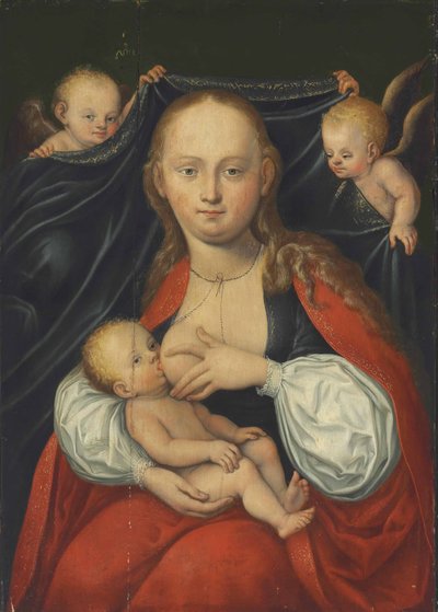 De Maagd en het Kind met twee engelen door Follower of Lucas Cranach the Elder