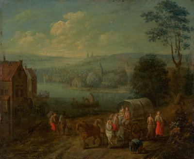 Rivierlandschap met Dorpen en Reizigers [verso] door Follower of Peeter Gysels