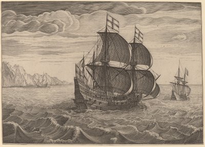 Schip in Volle Zeil met Twee Vlaggen door Follower of Pieter Bruegel the Elder