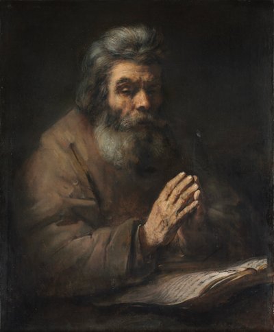 Een oudere man in gebed door Follower of Rembrandt van Rijn