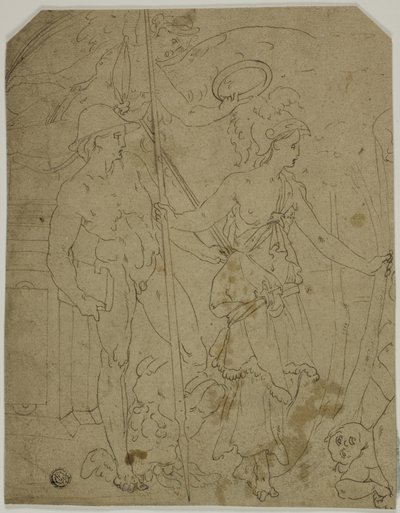 Scène met Mercurius en Minerva door Fontainebleau School