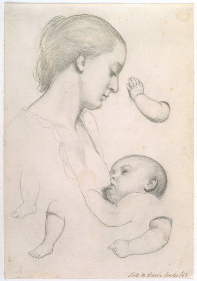 Maaltijd van een baby - Studie van een moeder en kind met aparte arm- en beenstudies van het kind door Ford Madox Brown
