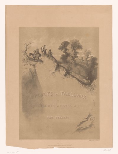 Titelprent met rotslandschap en reizigers langs een kloof door Fortuné Ferogio