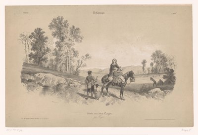 Vrouw op een paard met man en kind in een landschap door Fortuné Ferogio
