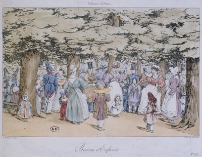 Kinderen en kindermeisjes in het park, uit de Tableau de Paris-serie, gegraveerd door C. Motte, 1827 door Fortune Delarue