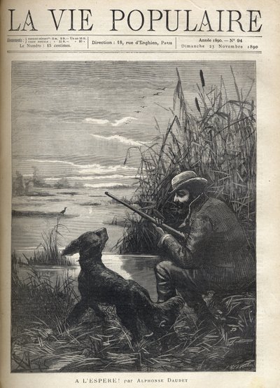 Een vogeljager kijkt in een moeras met zijn hond. Illustratie van F. Meaulle voor 