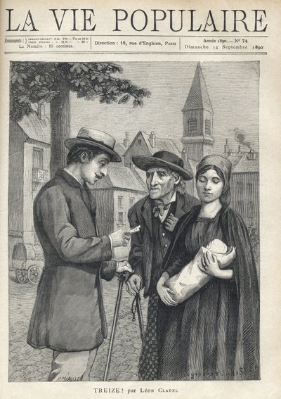 Een verpleegster die een nieuwe baby vasthoudt, vergezeld door haar vader, een oude boer, met een vastberaden blik, ontmoet een man van de bourgeoisie, die zorgvuldig een papier leest, op het plein van een provinciaal dorp. Illustratie door Rene Schutzenbe door Fortune Louis Meaulle