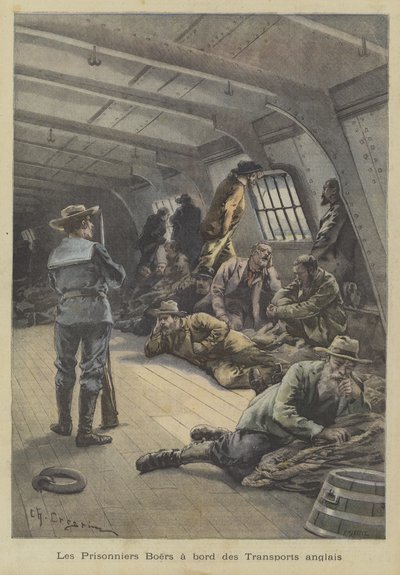 Boer krijgsgevangenen aan boord van een Brits schip door Fortune Louis Meaulle