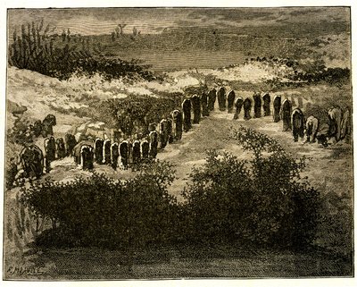 Carnac menhir uitlijningen. Tekening door Victor Hugo gegraveerd door Meaulle. Uittreksel uit de tekst van Hugo (Op reis in Bretagne) door Fortune Louis Meaulle